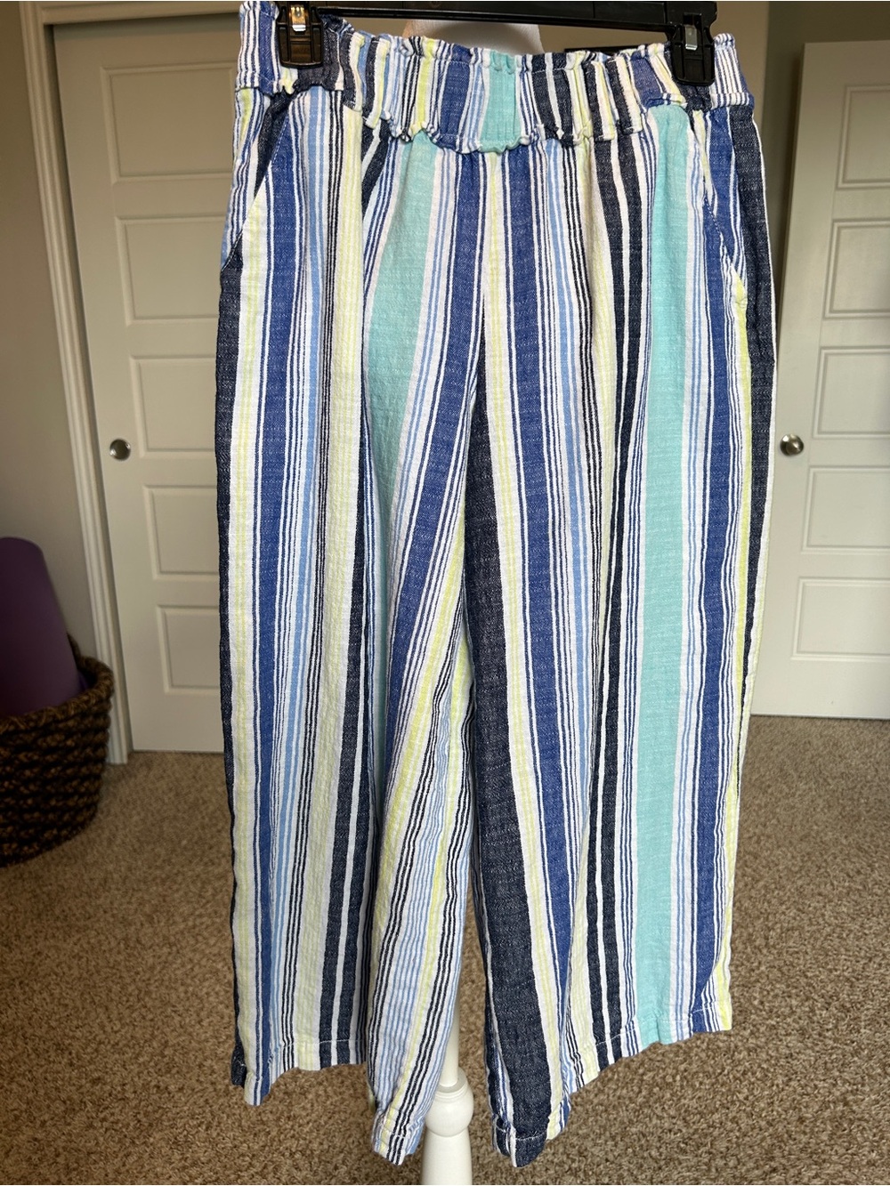 ANA Linen Wide Leg Cropped Pants Blue Stripes Nautical Fisherman Coastal | PS